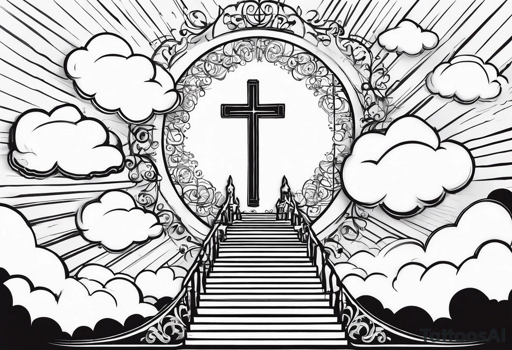A heavenly stairway to heaven with clouds with a cross with a cross necklace with biblical verses tattoo idea