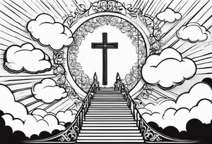 A heavenly stairway to heaven with clouds with a cross with a cross necklace with biblical verses tattoo idea