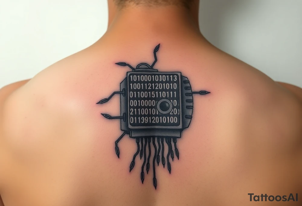 Bio-Mechanical internal computer, binary code, symbolism for 6 kids, 5 boys and youngest is a girl tattoo idea