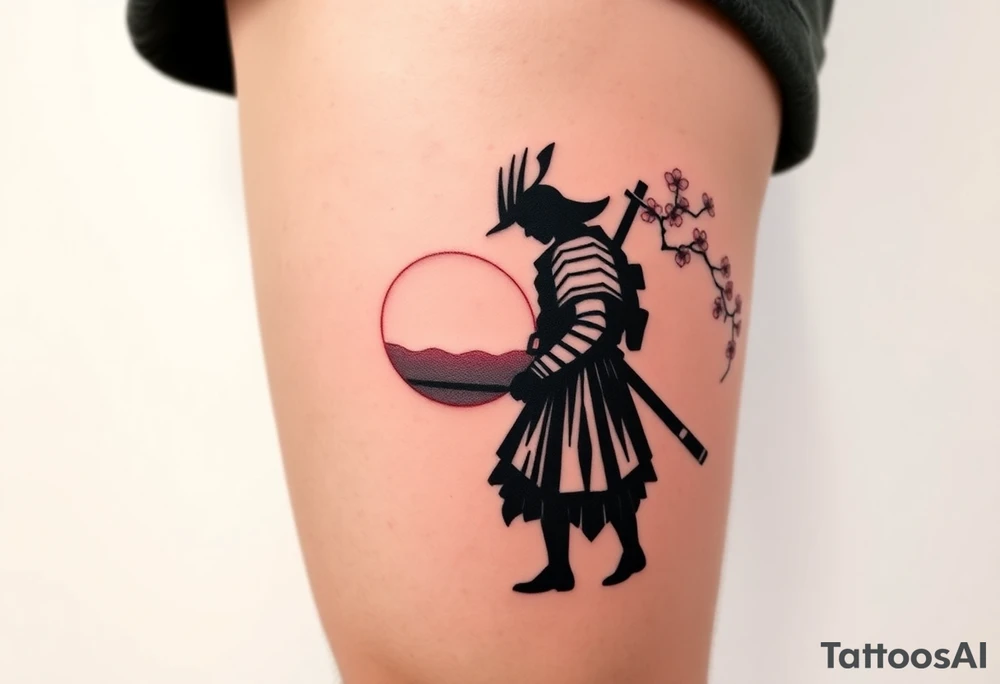 noble samurai warrior silhouette at sunset with cherry blossoms tattoo idea