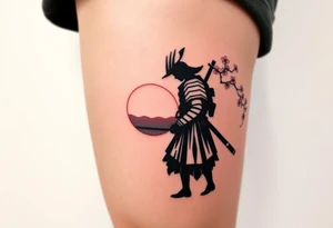 noble samurai warrior silhouette at sunset with cherry blossoms tattoo idea