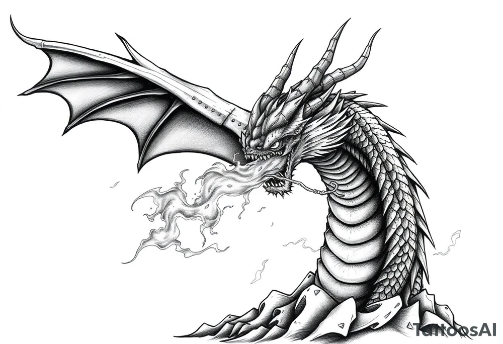 fierce dragon breathing iridescent fire against stormy skies tattoo idea