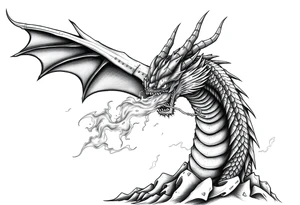 fierce dragon breathing iridescent fire against stormy skies tattoo idea