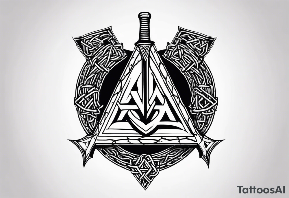 Valhalla  sword shield axe barbed wire chains valknut tattoo idea
