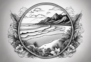 Beach with hills behind a rugby ball, champagne bottle, book on the beach, a plane in the sky and a campervan on the beach tattoo idea