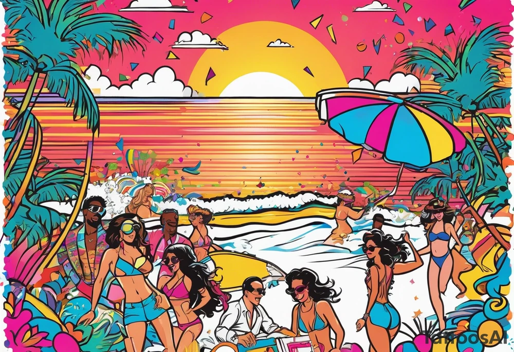 1980's miami vice style beach dance 
party, include confetti, music notes, boom box, bikinis sunset in the center tattoo idea