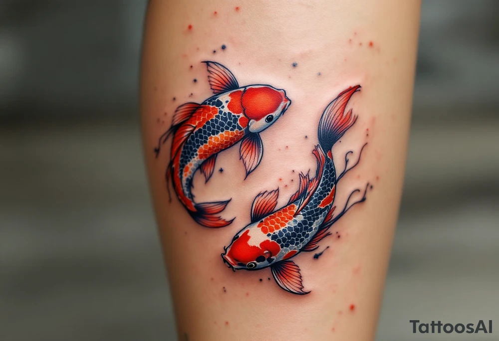 Two red and black koi fish swimming in a circle, the first tattoo larger on the calf, and the second smaller on the ankle. tattoo idea
