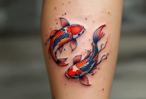 Two red and black koi fish swimming in a circle, the first tattoo larger on the calf, and the second smaller on the ankle. tattoo idea