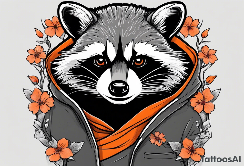 Raccoon wearing a white Superman logo on a black hoodie and orange Japanese cherry blossoms tattoo idea