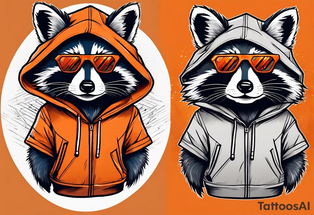 Raccoon wearing an orange Superman hoodie tattoo idea