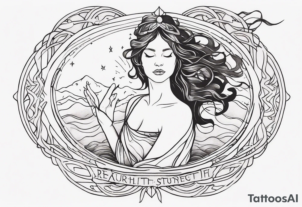 Resurrection strength and courage overcoming trauma Beautiful Woman leaving a world of fire, chaos and fear  to inner peace and self-love  ethereal tattoo idea