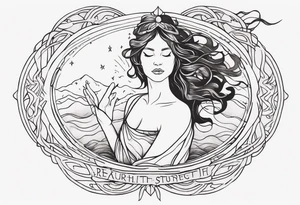 Resurrection strength and courage overcoming trauma Beautiful Woman leaving a world of fire, chaos and fear  to inner peace and self-love  ethereal tattoo idea