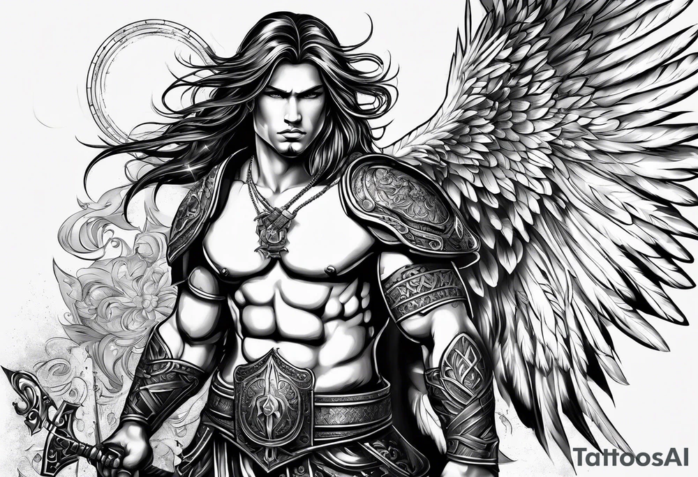 tattoo design containing the following objects: tattoo design containing the following subjects: 
warrior figure, angel tattoo idea