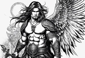 tattoo design containing the following objects: tattoo design containing the following subjects: 
warrior figure, angel tattoo idea