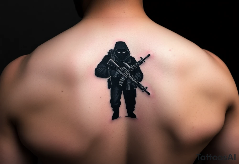 Minimalist covert operative symbolism representing loyalty and survival, faceless soldier silhouette emerging from darkness, torn fabric, subtle scars, controlled posture, black and grey realism, emotional restraint, understated strength, tattoo sleeve element. tattoo idea