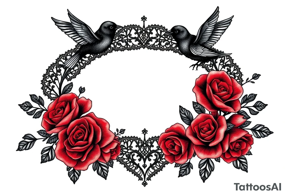 Vintage black lace, red roses, red birds, vintage, wrap around, tighter together, no space open tattoo idea