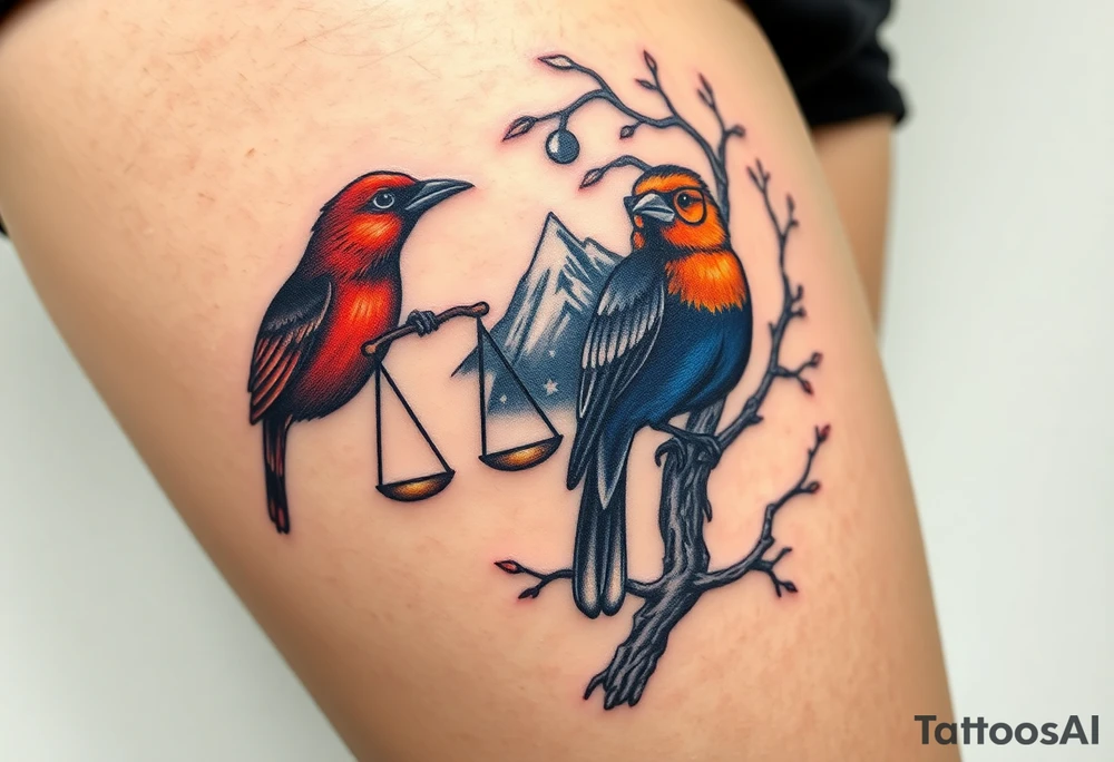 2 birds as the focus, 1 red bird in a suit, 1 navy blue bird with glasses, scales of justice in a tree, starry night painting and mountain background tattoo idea
