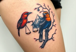 2 birds as the focus, 1 red bird in a suit, 1 navy blue bird with glasses, scales of justice in a tree, starry night painting and mountain background tattoo idea