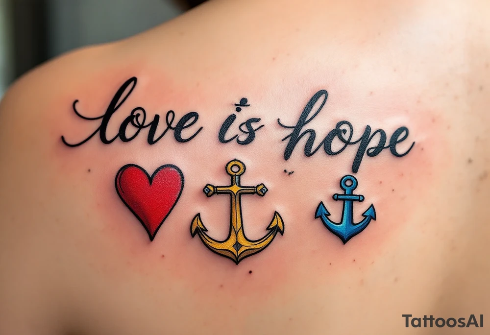 Fine-line black cursive love faith hope sitting above three matching symbols: a crimson heart, golden cross, and deep blue anchor. tattoo idea