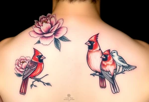 I like the top left cardinals and the bottom right cardinals. soft pink peony flowers with bold highlighting; and a feminine but boldly colored male and female cardinal birds tattoo idea