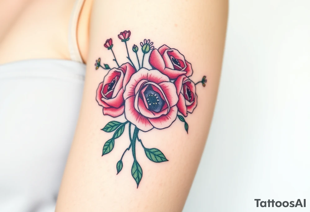 vintage bouquet of wild roses and meadow flowers with morning dew tattoo idea
