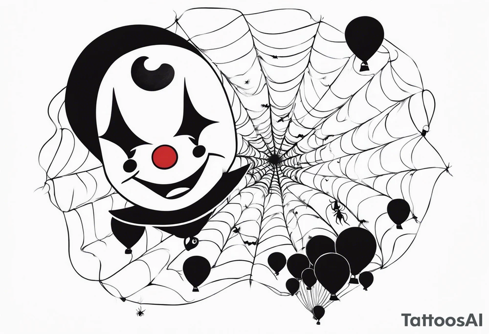 penny wise  the clown 
face on a floating balloon with spiders crawling on the balloon and bats flying around "We All Float" in background tattoo idea