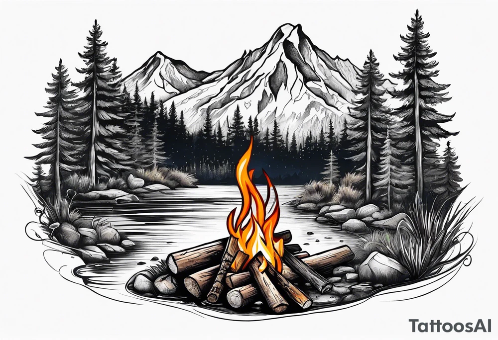 Small campfire in the forest where flow a small mountain stream tattoo idea