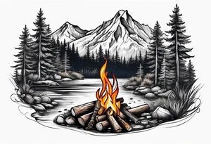 Small campfire in the forest where flow a small mountain stream tattoo idea