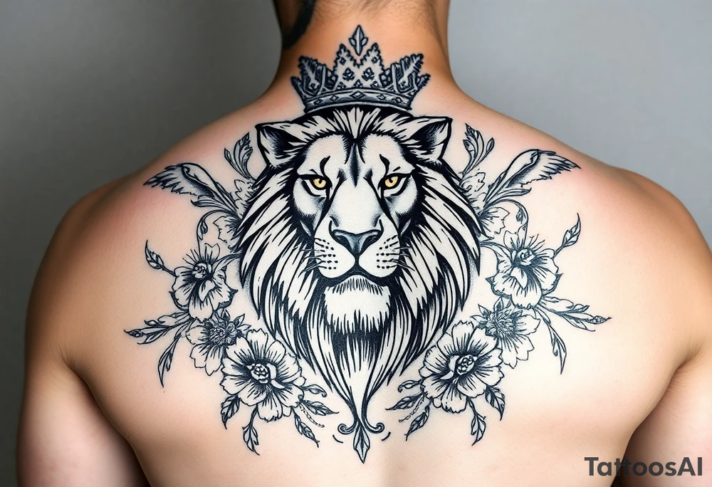 powerful majestic lion with a crown, surrounded by floral ornaments and birds tattoo idea