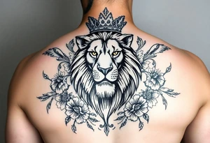 powerful majestic lion with a crown, surrounded by floral ornaments and birds tattoo idea