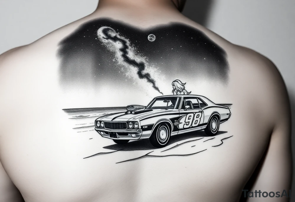 I want arm sleeve that starts with a beach with dale Earnhardt car on the beach with a hot blonde 80’s girl with big hair on the hood. Then an ocean with big waves then a big dark sky with the Milky Way in it and Jimi Hendrix Stratocaster in the sky tattoo idea