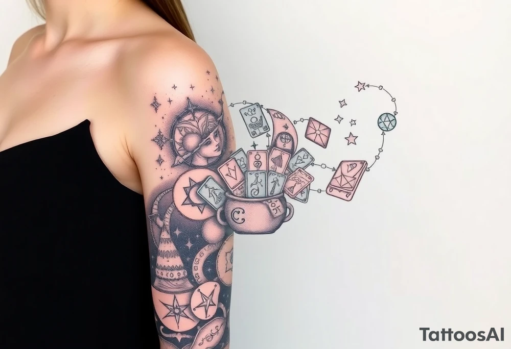 Milky way filled with zodiac symbols runes tarot cards coming out of a cauldron tattoo idea