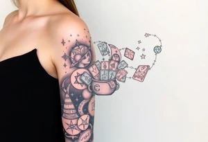 Milky way filled with zodiac symbols runes tarot cards coming out of a cauldron tattoo idea