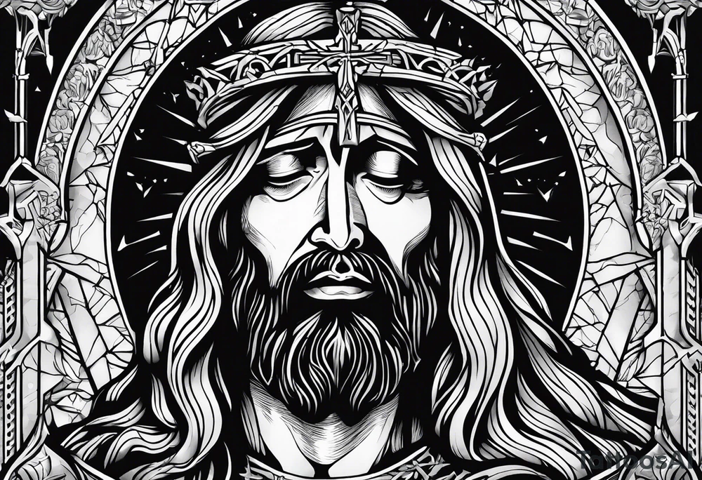 Jesus crying 3 reads one small one medium and one large in the large tear there is the god of death and all around the 3 year drops there is skeletons and dead people tattoo idea