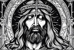 Jesus crying 3 reads one small one medium and one large in the large tear there is the god of death and all around the 3 year drops there is skeletons and dead people tattoo idea