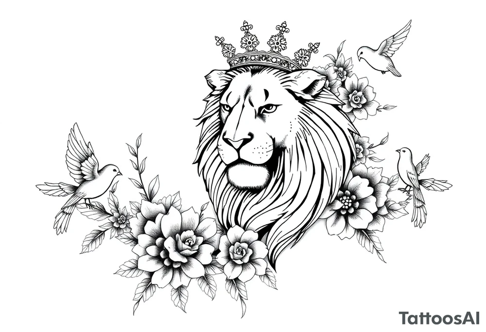 powerful majestic lion with a crown, surrounded by floral ornaments and birds tattoo idea