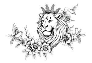 powerful majestic lion with a crown, surrounded by floral ornaments and birds tattoo idea