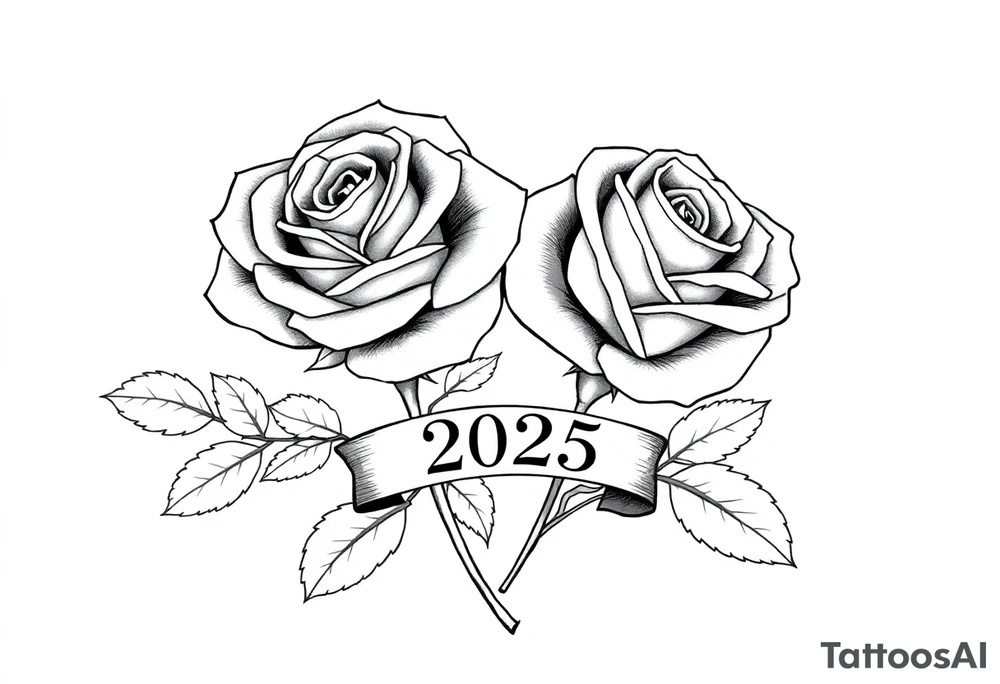 two beautiful large rose buds, one larger than the other, with lots and lots of leaves next to the rose buds, with one sitting slightly higher than the other, side-by-side.  Include a banner connecting the two roses with the year 2025 on it.   Use dark outlines with little shading. No stems tattoo idea