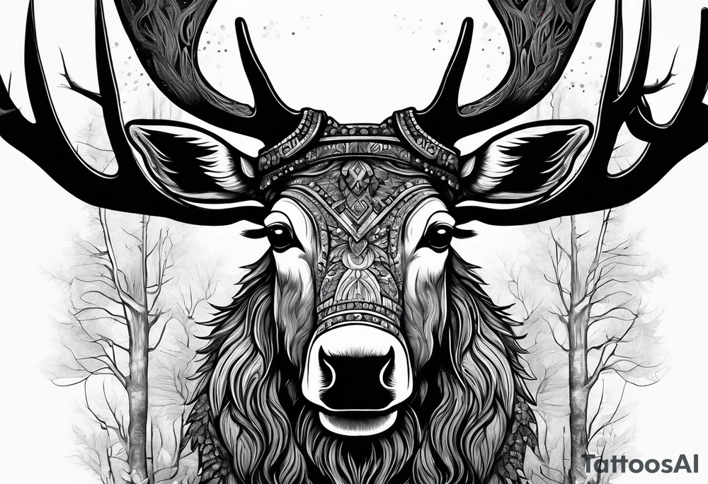 a psychedelic moose in the forest tattoo idea