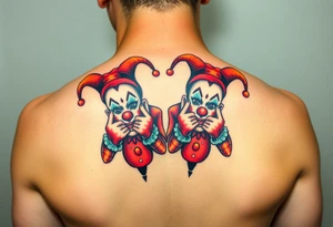 two jester clowns standing behind each other holding cheeks up to smile tattoo idea