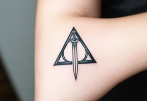 deathly hallows symbol from harry potter with a sword in the middle tattoo idea