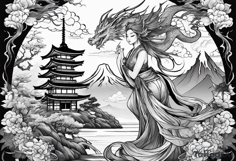 warrior beautiful fairy nymph with a full body with a sword and a full dragon with a mountain with clouds and a Japanese building background tattoo idea