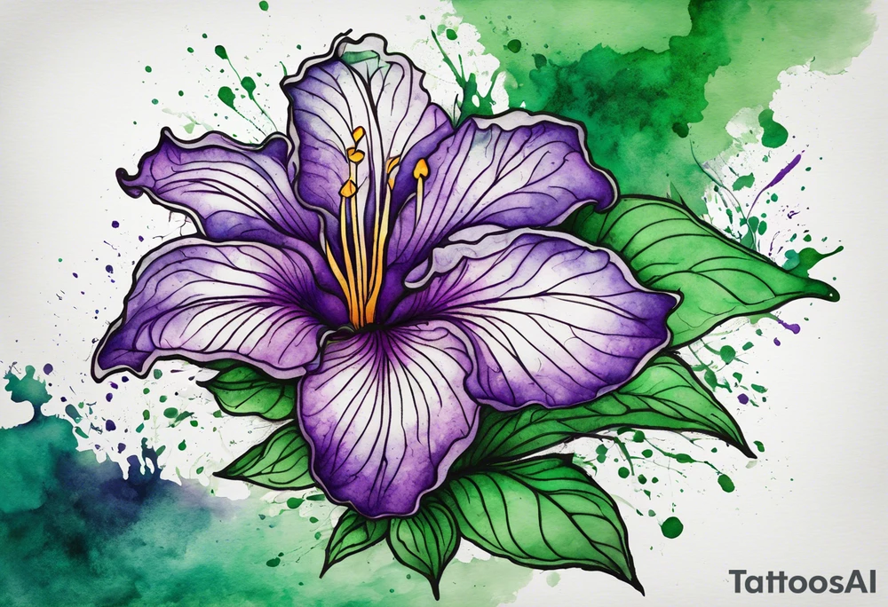 A mystical outline of a dipladenia flower and a green/purple watercolor splatter in the background to make the flower mainly green with purple highlights tattoo idea