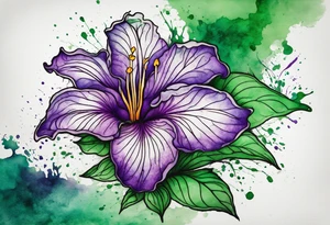 A mystical outline of a dipladenia flower and a green/purple watercolor splatter in the background to make the flower mainly green with purple highlights tattoo idea