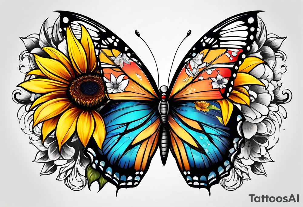 Half sunflower half butterfly tattoo idea