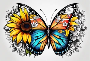 Half sunflower half butterfly tattoo idea