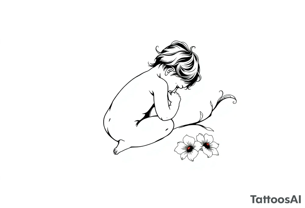 A simple tile floor with a minimalist outline of a curled up child sitting on the floor with a lily next to her tattoo idea