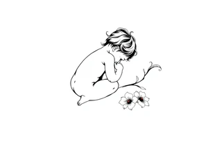 A simple tile floor with a minimalist outline of a curled up child sitting on the floor with a lily next to her tattoo idea