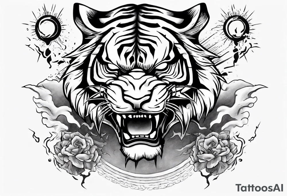 Tiger warrior with lightning and the sun for a forearm sleeve tattoo idea