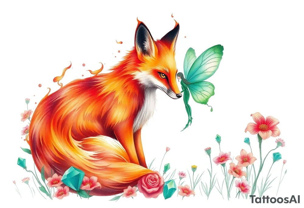 Fox made of fire with a fairy standing close to it  in a field of lillys and emerald jem stones tattoo idea